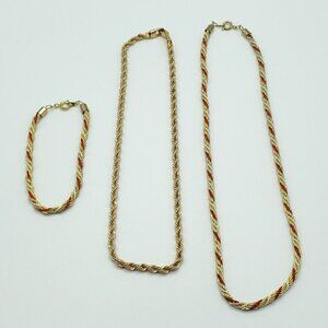 Twisted Rope Chain Necklace and Bracelet Gold Red Tone Womens